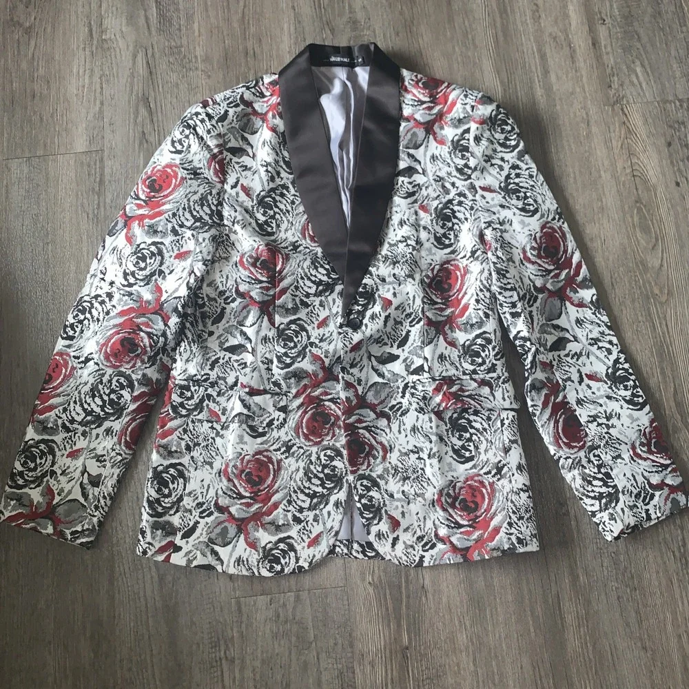 Mage Male Mens Blaze Size SFloral Rose Jacquard Tuxedo Jacket Black Red NWT